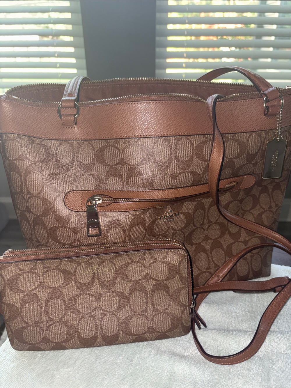 Coach Tan/Brown Signature Canvas Tote with Wristlet